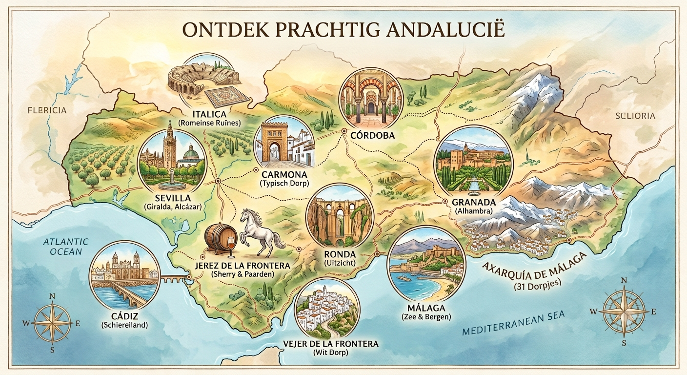 Kaart van Andalusië met markers op Málaga, Sevilla, Córdoba, Granada, Ronda en de Sierra Nevada